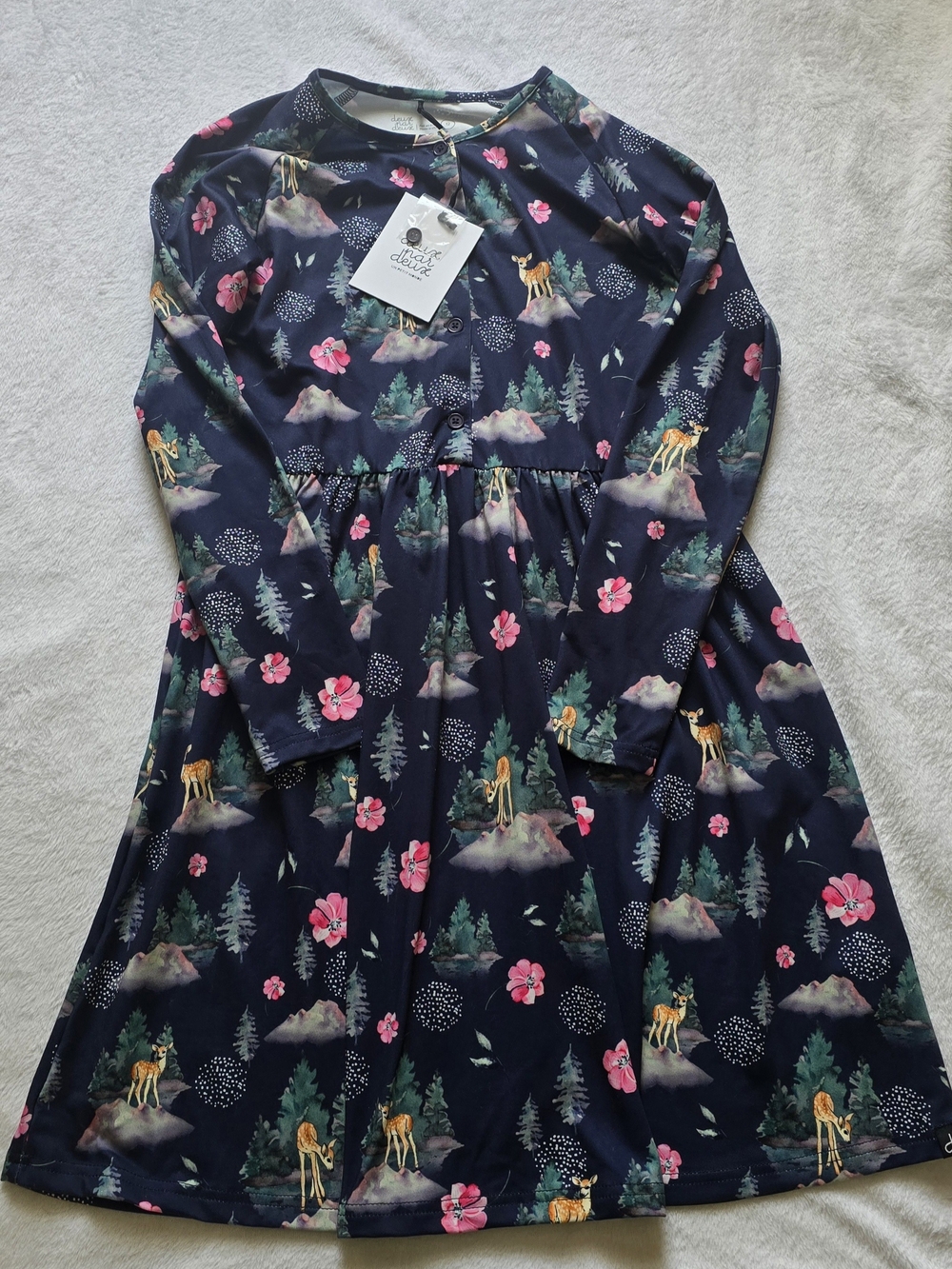 deux par deux Navy Long-Sleeve Dress with Pink Floral & Deer Print